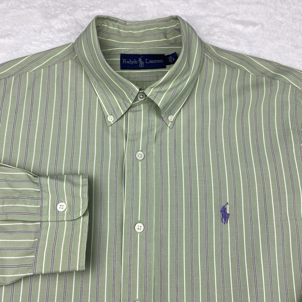 Ralph Lauren Shirt Mens Large Green w/Purple Stripes Regular Long Sleeves